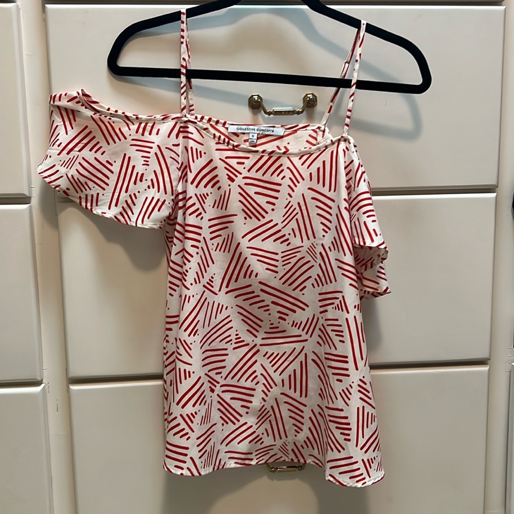 Collective Concepts Cold Shoulder Flowy Print White Red Size S Strappy Bohomian